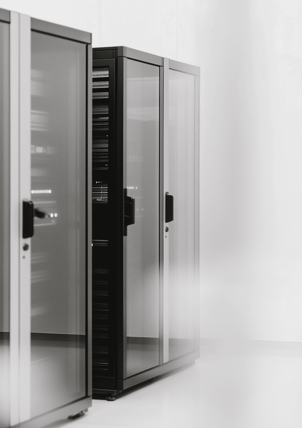 Rows of glass-fronted server racks in a bright data centre